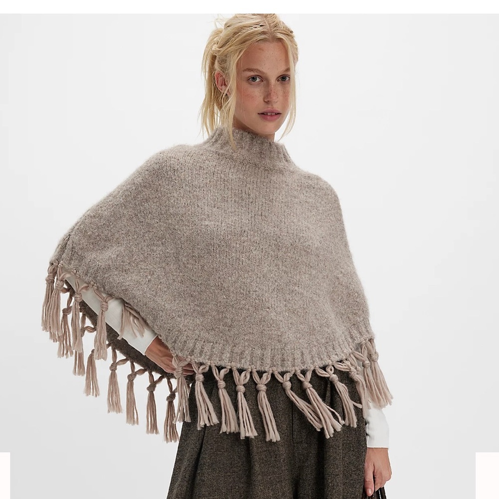 Free People Taupe Knit Poncho with Fringe